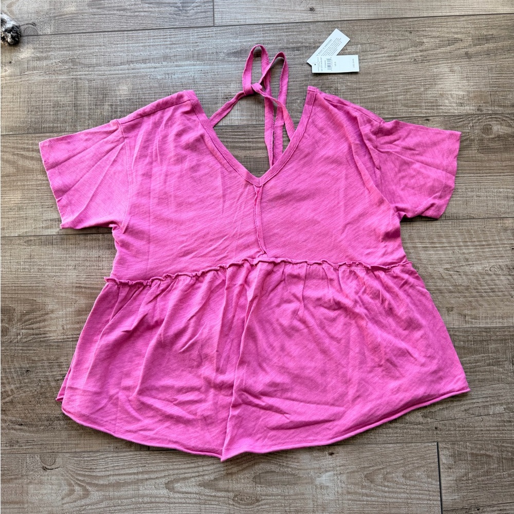 American Eagle Outfitters Hot Pink V-Neck Strappy Peplum Top